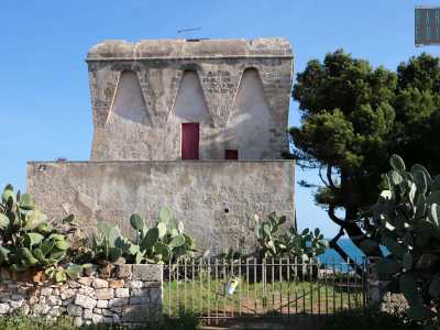Circondata da numerosi cactus, un muretto a secco e da un cancelletto in ferro, la torre presenta evidenti strati di intonaco sulla pietra tufacea originaria e risulta per questo pi� bianca rispetto alle altre. Sempre a pianta quadrata, mostra un muretto superiore di protezione leggermente arrotondato e delle finestrelle chiuse con tegole in legno color porpora